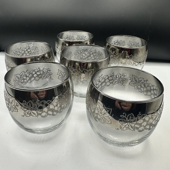 Libbey Silver Overlay Grapevine Roly Poly Glasses Set of 6 Mid Century Vtg 1950s - Picture 3 of 7
